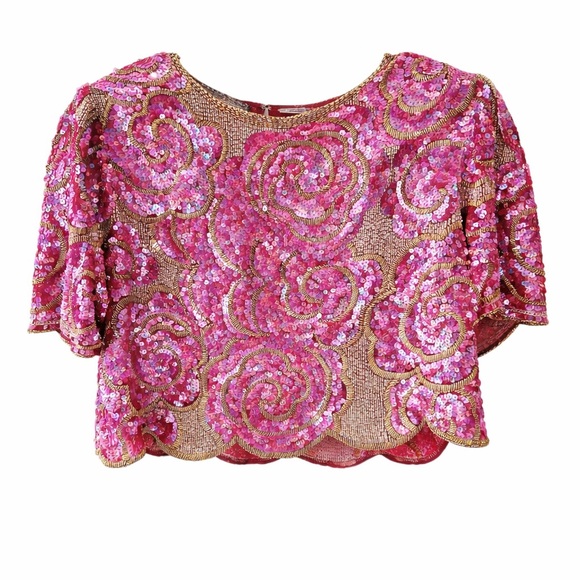 VTG Sequin Beaded Cropped Top Pink Gold Roses Scallop Hem Fairycore Glam  14 - Picture 4 of 8
